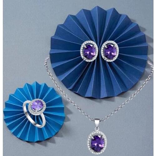 ROLILASON Purple High-end Crystal Zircon Earrings/Necklace/Ring/Jewelry Set Fashion Party Gift JS791