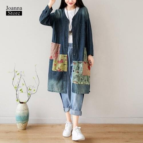 Personality patchwork printed trench coat for women denim jean coat plus size loose long coats vintage casual fashion clothes