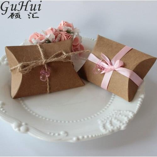 50Pcs Cute Pillow Shape kraft Paper Candy Box With Hemp Silk Ribbon Small Pacifier Pendant Kids Birthday Party Kids Shower Gift