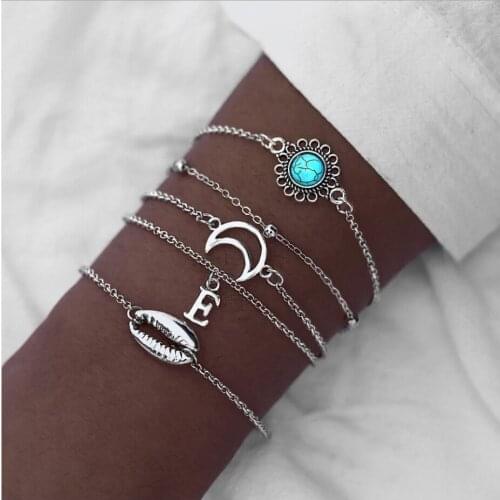 Bracelets set 5pcs package moon sun letter sea snail shell charm round stone setting silver color plated metal chain