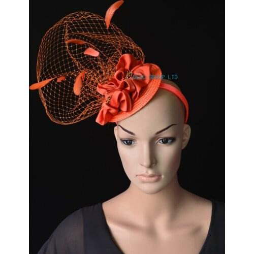 NEW Wholesale Rusty orange veiling fascinator kentucky derby hat with feathers&handmade flower for wedding race.FREE SHIPPING