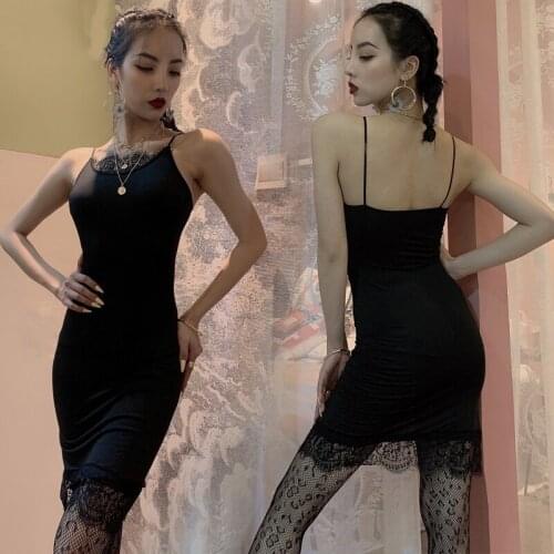 Latin Dance Adult Female Black Dress Sexy Lace Slim Summer Sleeveless Birthday Party Wear Tango Dress Stage Show Dancewear BI933