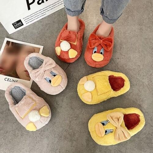 Women House Slippers Cartoon Lovely Warm Plush Ladies Flock Bow Home Shoes Female Couple Indoor Flat Winter Womens Footwear New