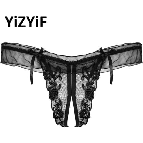 Men Sexy Briefs Flower Embroidery Crotchless Thongs Lace Trim Elastic Waistband T-back Bowknot Sissy Underpants Male Underwear