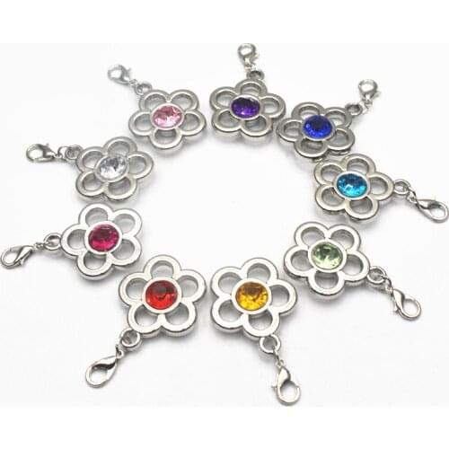 Mix random color 20pcs crystal birthstone flower charm dangle charms lobster clasp charms diy bracelet&bangle jewelry charm