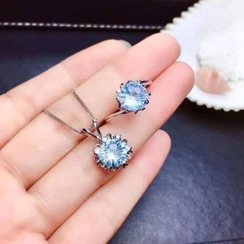 High quality Blue Topaz Ring Pendant Necklace Set S925 Pure Silver Fine Fashion Wedding Jewelry for Women Free Shipping