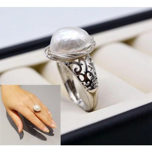 Mysterious Baroque ring, 925 sterling silver, adjustable ladies ring, white pearl, silver thread, handmade, pearl ring