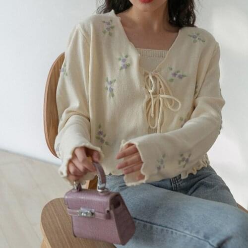 Womens Cardigan Two Pieces Sets Knitted Sweater 2021embroidery Korean Clothing Lace Up Cardigans Thin Slim Crop Tops Pullover