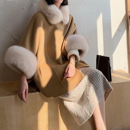 Elegant Fox Fur Collar Double-Sided Cashmere Solid Color Wool Coat With Invisible button Warm Ladies Scarf Collar Coat S069