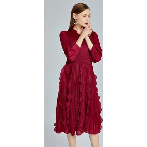 HOT SELLING Miyake three quarter v-neck fold lantern sleeve Lotus leaf dress fashion IN STOCK