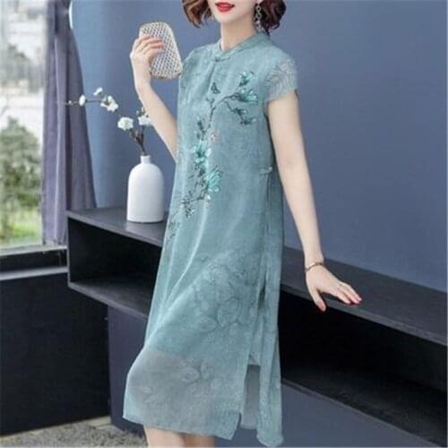 2021 Summer Fashion New Mid-Length Print Short-Sleeved Cheongsam Thin Loose Womens Dress Trendy H007