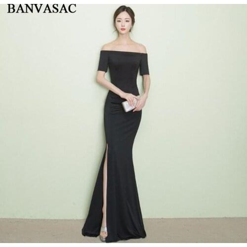 BANVASAC 2018 Boat Neck Short Sleeve Satin Split Mermaid Long Evening Dresses Party Off The Shoulder Backless Prom Gowns