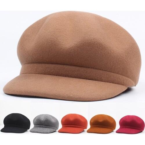 Women Autumn winter new wool beret octagonal hat female Korean literature and art simple wild pure color duck tongue Caps tide