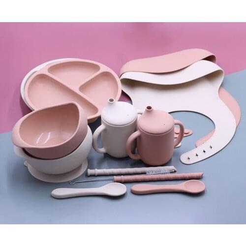 Baby Tableware Bib Plate Spoon Cup Silicone Feeding Set BPA Free Waterproof Portable Dinner Set for Child Kids J60B