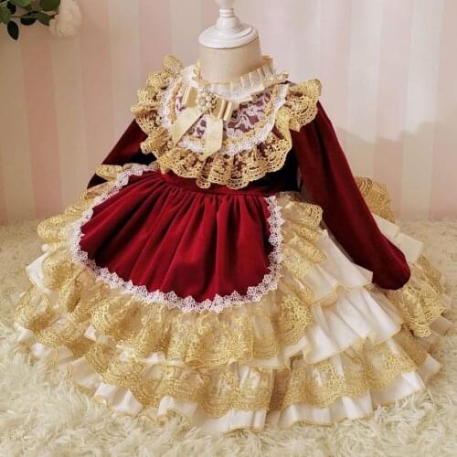 Spanish court lolita style baby girl velvet princess kids lace stitching Christmas party birthday ball gown dress