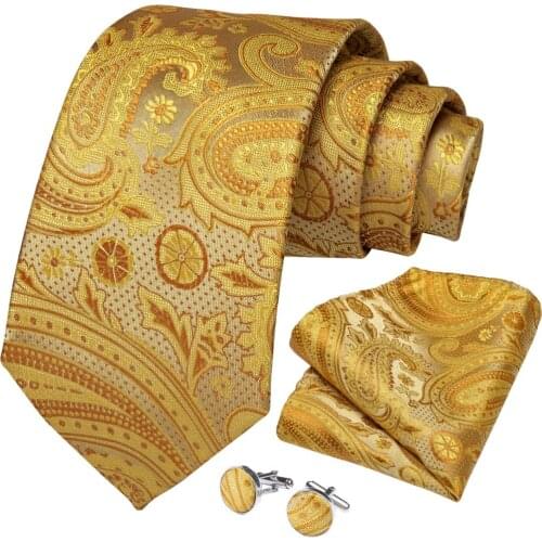 Men Tie Gold Solid Paisley Quality Silk Wedding Tie For Men Hanky Cufflink Business Gift Tie Set DiBanGu Designer Party SJT-7284