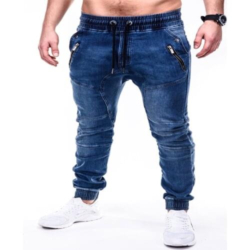 Mens Jeans Personality Slimming Legs Double Zipper Button Middle Waist jeans Street Casual Pencil Pants blue water fabric