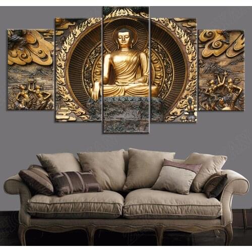 HD print 5 piece canvas art Golden abstract Buddha Painting wall pictures for living room posters home decoration