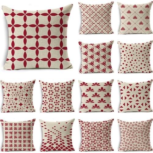 WZH Red and White Geometry Cushion Cover 45x45cm Linen Decorative Pillow Cover Sofa Bed Pillow Case