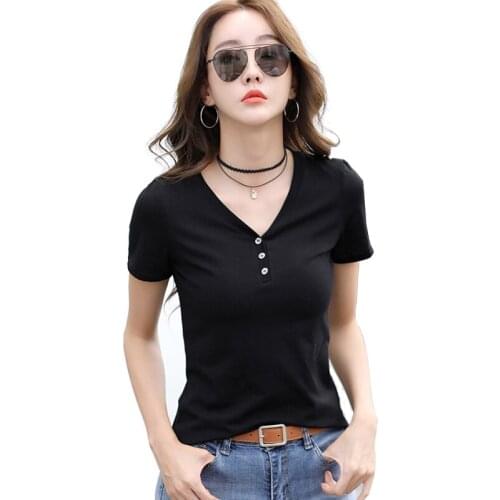 New Women Tees Summer 2021 Fashion Classic Back To The Basics V-Neck Short Sleeve Slim Cotton T-shirt Elastic Tops Young Style