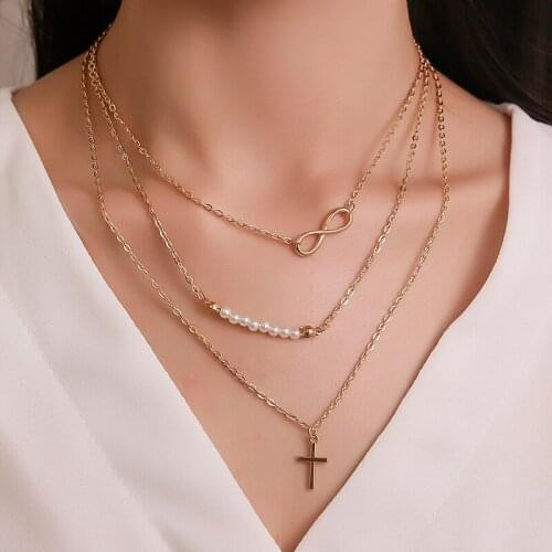 Fashion Three Layer Necklace 8 Character Pearl Multilayer Necklace Cross Pendant Clavicle Chain Sweater Chain Jewelry