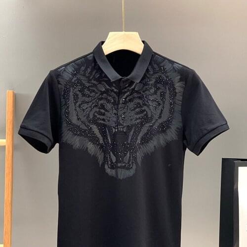 Summer Mens Polo Lapel Black Hot Diamond Printed Button T-Shirt Pure Cotton Fashion Breathable Suitable for Male Youth Tops