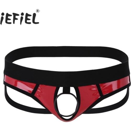 Mens Lingerie Faux Leather Open Back Hollow Out Sexy Gay Jockstrap Panties Low Rise Bikini G-string Underwear with Metal O-Ring