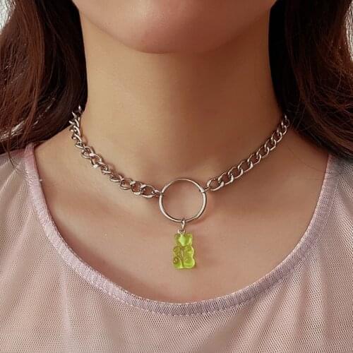 Candy Color Gummy Bear Choker Necklace for Women Girls Cute Jelly Bear Pendant Necklace Punk Collar Neck Chain Party Jewelry