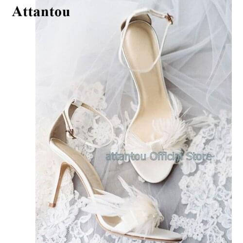 White Fur Decor Leather Thin High Heel Sandals Bridal Feather Summer Wedding Party Shoes 10cm Heeled Ankle Strap Sandalias Femme