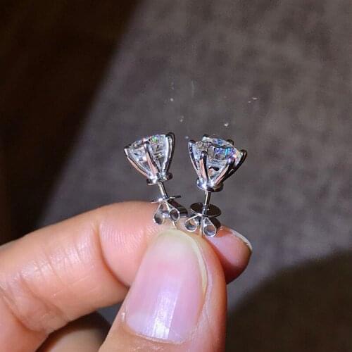 18K White Gold 6 Prong 1Carat Solid AU750 Genuine Moissanite Stud Earrings Test As Real Bridal Wedding Earrings For Lady