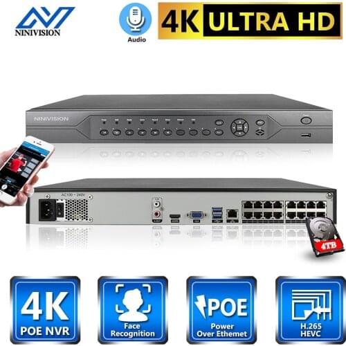 NINIVISION NVR Embedded Plug & Play 4K NVR with 1/2 SATA Interfaces 16CH POE Port for Security Camera H.265 P2P
