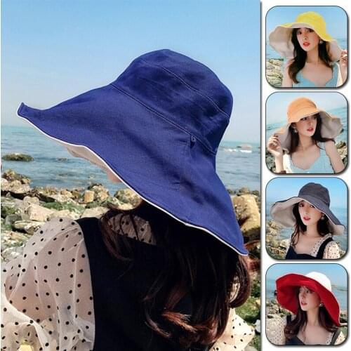 New Fashion Women Summer Big Wide Brim Sun Hats Cotton Polyester Female Elegant Double-sided Fisherman Hat Anti-UV Beach Caps