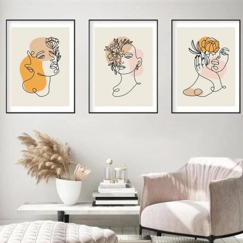 Modern Abstract Woman Face Silhouette Floral One Line Drawing Canvas Painting Posters And Prints Wall Art Pictures Home Decor