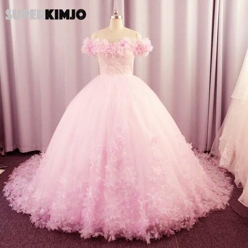 SuperKimJo Pink Wedding Dresses for Bride 3D Flowers Elegant Beaded Luxury Wedding Ball Gown Robe De Soiree Longue