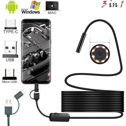 Type-C USB Mini Endoscope Camera 7mm 2m 1m Flexible Soft/Hard Cable Borescope Inspection Camera Waterproof Lighting For Android
