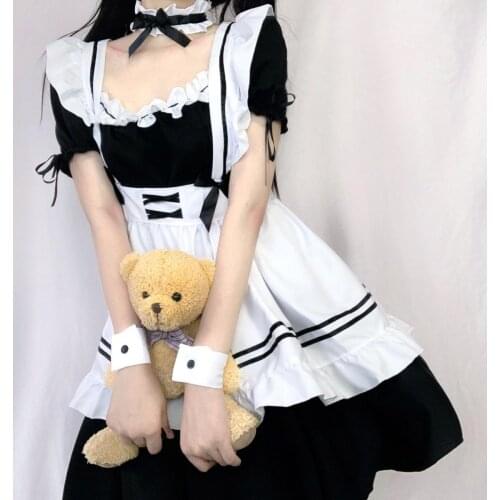 Usexy Kawaii Maid Dress Lolita Maid Cosplay Costume Uniform Japanese Cute Milkmaid Sexy Waitress Dress Puff Sleeve Outfit Women