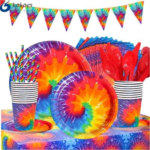 Tie Dye Happy Birthday Disposable tableware paper cup plate tablecloth Hippie Party Decorations Sign Rainbow Birthday Background