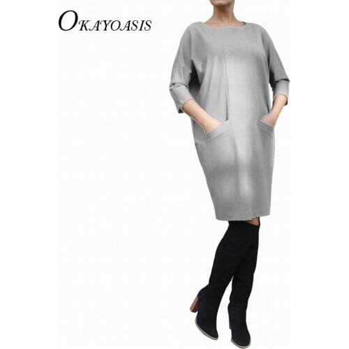 Vestidos 2017 Spring OKAYOASIS Women Vintage 3/4 Sleeve Pocket Dress Ladies Casual Loose Solid O Neck Dresses Plus Size