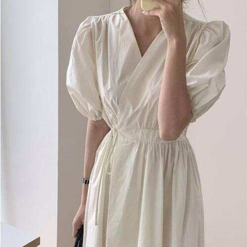 Twicefanx V Neck Vinatge Floral Solid Elegant Women Dress 2021 New Summer Korean Style Puff Sleeve Party Long Dresses 526F