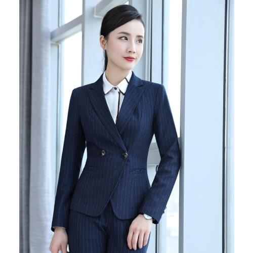 High Quality Fabric Formal Ladies Blue Striped Blazers Women Work Wear Jackets Long Sleeve Office Uniform Designs OL Styles
