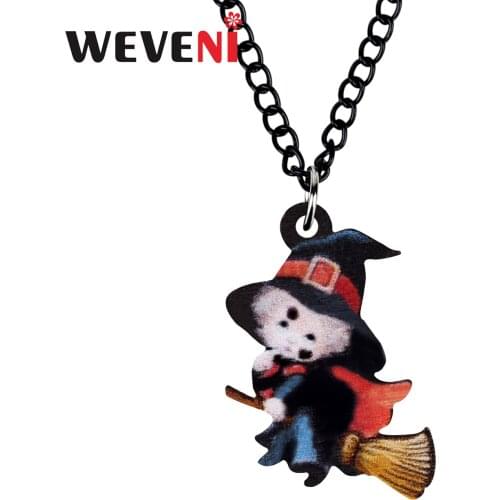 WEVENI Acrylic Halloween Cartoon Broom Witch Girl Necklace Chain Long Printing Choker Pendant Jewelry For Women Kid Trendy Gifts