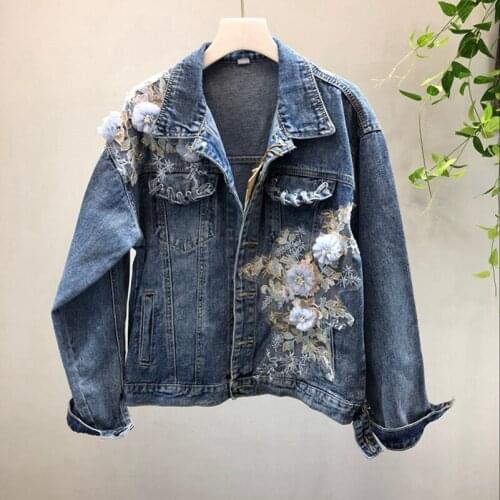 2020 Fashion The New Loose Wild Heavy Work Three-dimensional Embroidery Flowers Washed Denim Jacket Free Shipping