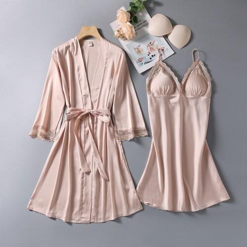 Womens Nightdress High Quality Ice silk With Chest Pad Home Wear lace Summer Nightdress Two-piece Luxury Sexy Suspender Pajamas