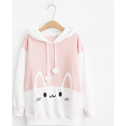Sweet Rabbit Print Hooded Sweatshirts Women Spring Autumn Preppy Style Cute Loose Drop Shoulder Harajuku Hoodies Student Tops