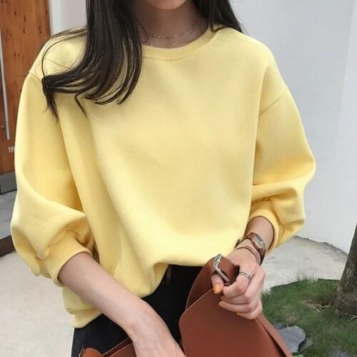 Candy Color Sweatshirt Spring Autumn New Solid Top Loose Casual Round Neck Lantern Sleeve Women Pullover