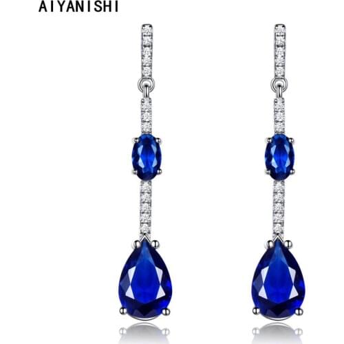 AIYANISHI 100% Real 925 Sterling Silver Earrings Jewelry Women Blue Created Nano Sapphire Drop Earrings Gift for Girl Teens Lady