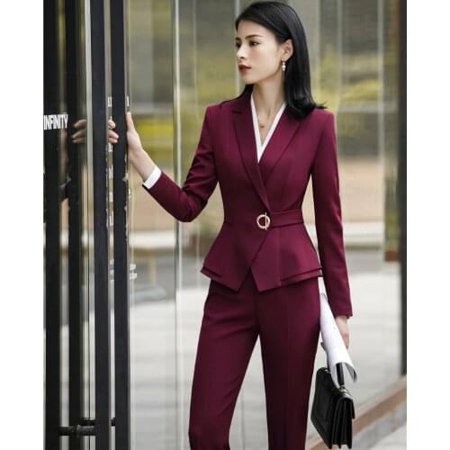 Fashion Wine Uniform Designs Pantsuits With Tops and Pants Sets for Women Business Suits Ladies Office Pantsuits Pants Suits