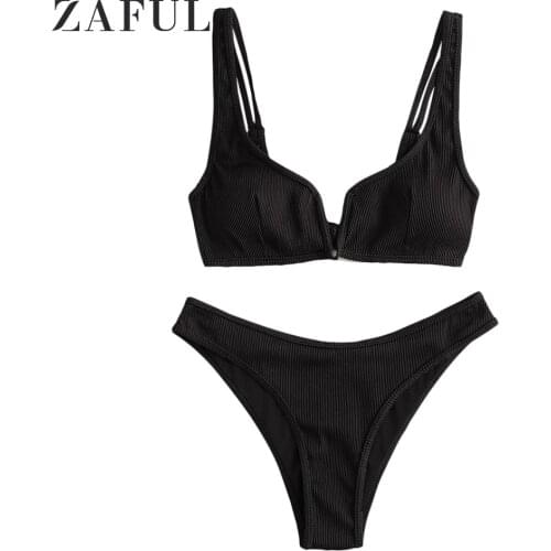 ZAFUL Sexy Swimwear High Cut V-wired Ribbed Bikini Swimsuit Bathing Suits Wire Free Padded Women Swimsuit Beach Suits