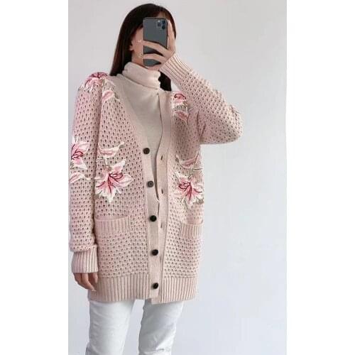 2021 New Winter Runway Cashmere Cardigan Women Floral Embroidery Hollow Out Retro Knitted Sweater Single Breasted Jumper