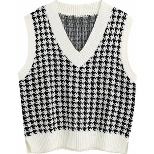 Women Houndstooth Plaid Knitted Vest Sleeveless V-Neck Loose Sweater Tank Top 50JB